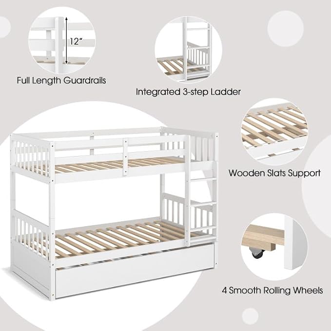 NAFORT Twin Over Full Bunk Bed with Trundle, Solid Wood Bunk Bed Frame, Ladder & Guardrails, Converts to 2 Platform Beds for Kids/Teens/Guests (White, Twin Over Twin with Trundle)