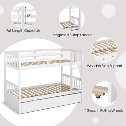 NAFORT Twin Over Full Bunk Bed with Trundle, Solid Wood Bunk Bed Frame, Ladder & Guardrails, Converts to 2 Platform Beds for Kids/Teens/Guests (White, Twin Over Twin with Trundle)