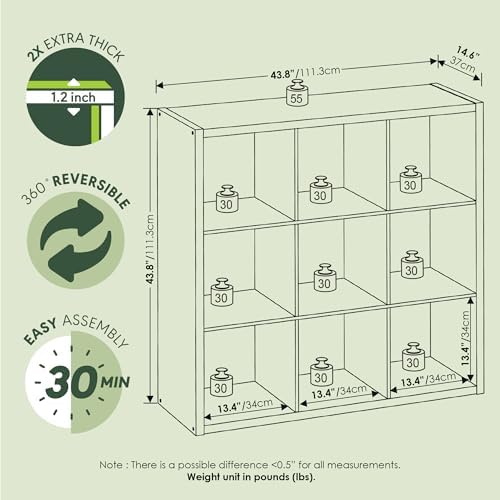 9-Cube Bookshelf, Cubicle Shelf Bookcase with Open Back, Position Reversible Book Shelf, 15 x 44 x 44, for Home Office, Living Room, Sage Green