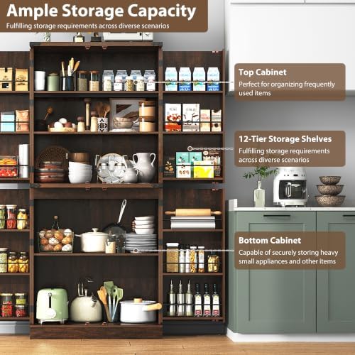 71" Tall Kitchen Pantry Cabinet, Farmhouse Tall Kitchen Storage Cabinet with Adjustable Shelves & 4 Barn Style Doors, Wooden Storage Cabinet for Kitchen, Dining Room, Living Room, Bathroom, Office