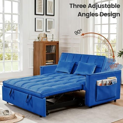 54'' Sleeper Sofa Bed, Convertible Pull Out Couch Futon with Side Pockets, Velvet Loveseat Sofa Bed with Adjustable Backrest, Armrest Pillows for Living Room Dorm Apartment, Blue