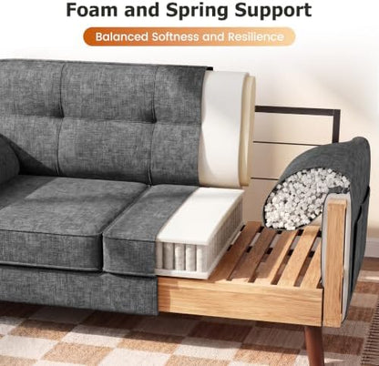 65" Loveseat Sofa, Chenille Loveseat Couch for Living Room with Storage Pockets, 25" Deep Seat Love Seat with Padded Arms, Modern Small Couches for Bedroom, Small Spaces, Home Office, Apartments, Grey