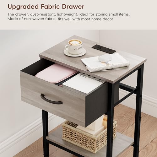 Nightstand with Charging Station, End Table with Fabric Drawer, Small Side Table with 2-Tier Storage Shelves, 25.4" Tall Night Stand, Bedside Table for Bedroom, Living Room, Dorm, Greige