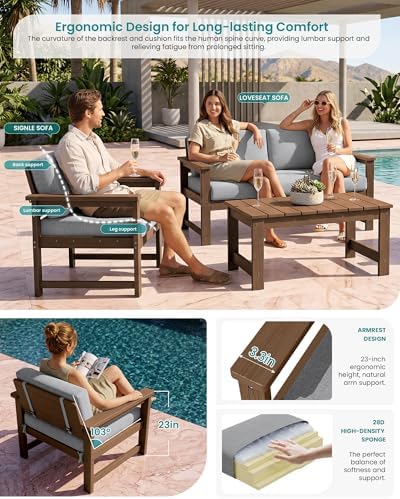 SERWALL HDPE Outdoor Loveseat with Cushion, Outdoor Sectional Furniture Set