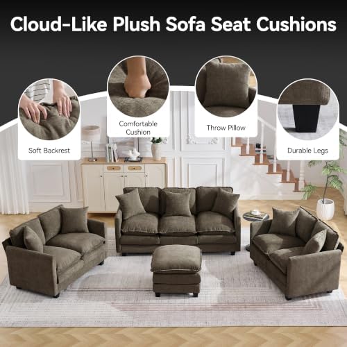 72'' Cloud 3 Seater Couch with 2 Ottomans, U Shaped Sofa with 3 Throw Pillows, Modern Sectional Couches with Deep Seat, Modular Sofas for Living Room, Bedroom, Small Apartment, Brown