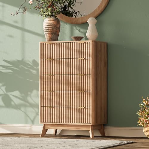 43" Hight Fluted 5 Drawers Dresser for Bedroom,Curved Edge,Oak