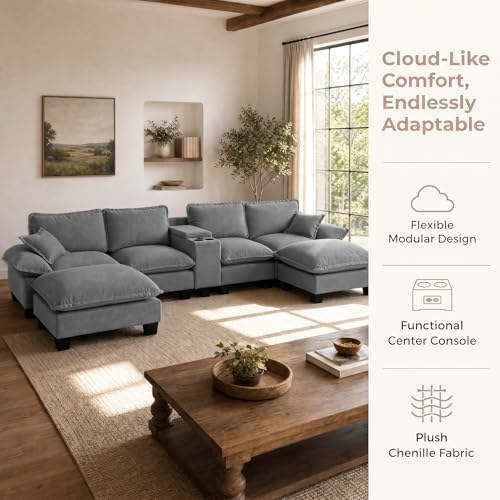 143.3" Oversized Sectional Couches with Cup Holder & USB Port, 4 Seat U-Shape Boneless Couch with 2 Ottomans & Pillows, Chenille Modern Cloud Grey Sofa for Living Room, Apartment