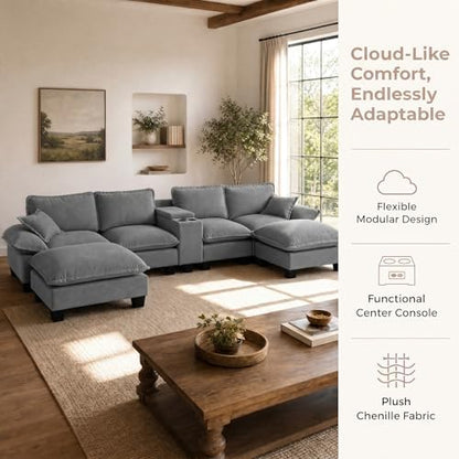 143.3" Oversized Sectional Couches with Cup Holder & USB Port, 4 Seat U-Shape Boneless Couch with 2 Ottomans & Pillows, Chenille Modern Cloud Grey Sofa for Living Room, Apartment
