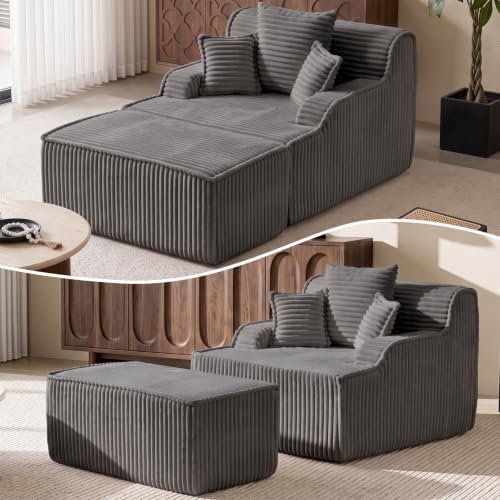 Oversized Chaise Lounge Chair Indoor, Corduroy Boneless Couch Sofa Bed, Cloud Lounge Chair Reading Chair with Pillow&Removed Ottoman, Deep Seat Sleeper Chair Bed for Living Room,Bedroom(Grey)