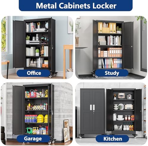 Ckzbx Metal Garage Storage Cabinet with Locking Doors and Adjustable Shelves, 45.6" H Rolling Tool Storage with Wheels for Garage,Office (Black)