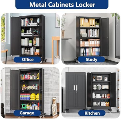 Ckzbx Metal Garage Storage Cabinet with Locking Doors and Adjustable Shelves, 45.6" H Rolling Tool Storage with Wheels for Garage,Office (Black)