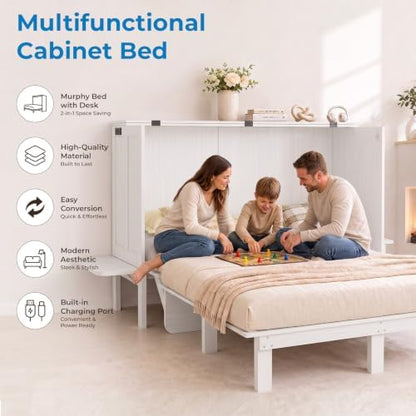 Mjkone Queen Murphy Bed with Desk and Mattress, White