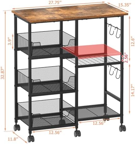 Rolling Kitchen Microwave Organizer Cart, Adjustable Shelves, Black