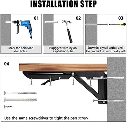 Folding Shelf Brackets - 14 Inch 2 Pcs Heavy Duty Metal Collapsible Shelf Bracket, DIY Wall Mounted Shelf Bracket, Space Saving for Bench