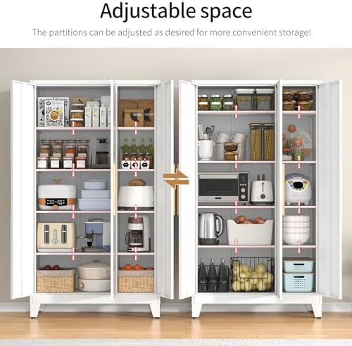 72" Tall Metal Kitchen Pantry Storage Cabinet with 8 Adjustable Shelves & 3 Doors, Large Wide Freestanding Organizer Cabinet for Kitchen, Bathroom, Diningroom, White