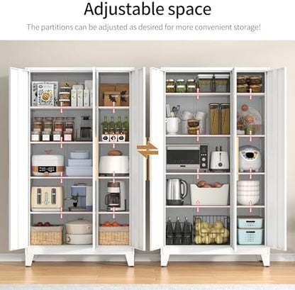 72" Tall Metal Kitchen Pantry Storage Cabinet with 8 Adjustable Shelves & 3 Doors, Large Wide Freestanding Organizer Cabinet for Kitchen, Bathroom, Diningroom, White