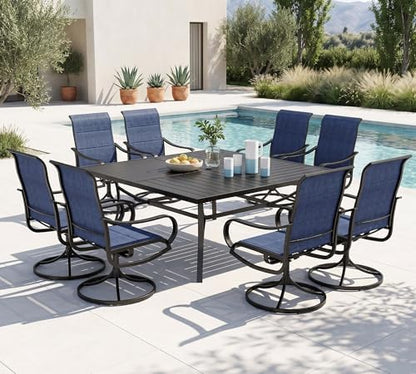PHI VILLA Outdoor Dining Set for 8, Metal Table & Padded Swivel Chairs，Blue