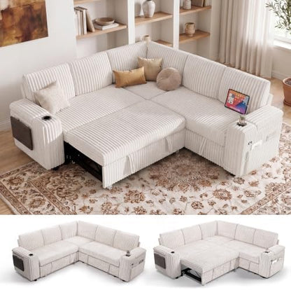 Modular Sectional Sleeper Sofa with Pull Out Bed, 86”L Shaped, Ivory