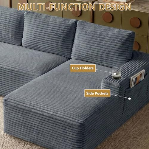 104" Cloud Sectional Couch L-Shaped with Side Pockets Cup Holders, Corduroy Boneless Couch for Living Room,Upholstered Deep-Seat Modular Sectional Sofa, No Assembly Required (Grey,Right Facing Chaise)
