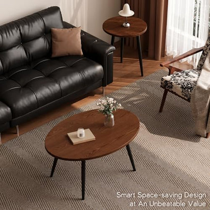 2 Pcs Small Oval Coffee Table,31.5" Retro Walnut Coffee Tables Nesting Tables Set,Easy Assembly Mid Century Modern Coffee Tables for Living Room Office,Coffee Table and End Table Sets
