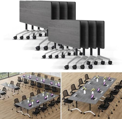Folding Conference Table Modern Large Mobile Meeting Table Rolling Conference Room Tables with Wheels Seminar Tables for Office Training Classroom (8, Oak Grey, 70.9" D X 23.6" W X 29.5" H)