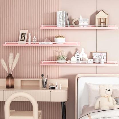 RYOFOBETTO 32 inches Long Floating Shelves, Bathroom Decor Shelves Over Toilet, Farmhouse Wall Shelves for Living Room, Bedroom, Picture Frames, Plants, Kitchen, Set of 3 (Pink and White)