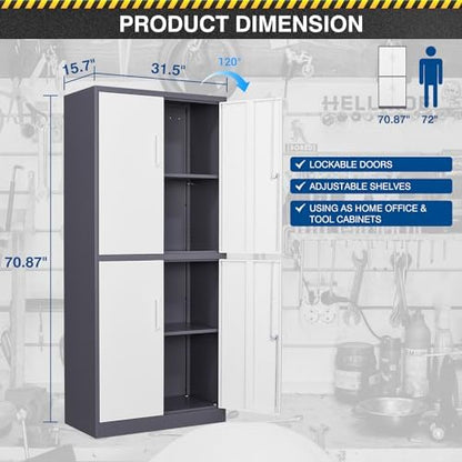 Fesbos 71' Metal Storage - Lockable File Cabinet with Doors & Shelves - Gray/White Steel for Garage, Home, Office