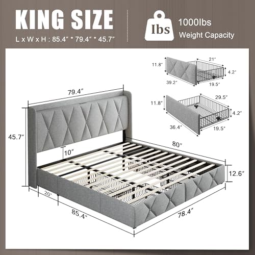 Einhomn King Size Bed Frame with 4 Storage Drawers and Charging Station, Upholstered Platform Bed Frame with Storage Headboard, No Box Spring Needed, Easy Assembly, Light Grey