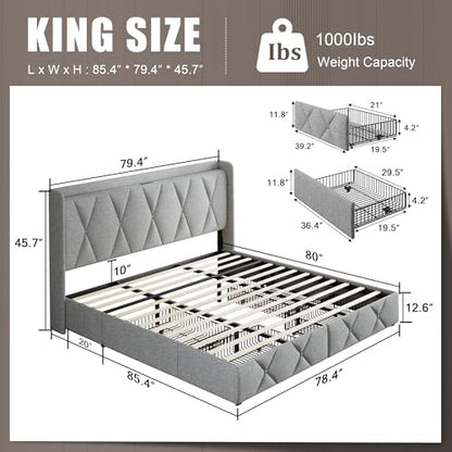Einhomn King Size Bed Frame with 4 Storage Drawers and Charging Station, Upholstered Platform Bed Frame with Storage Headboard, No Box Spring Needed, Easy Assembly, Light Grey