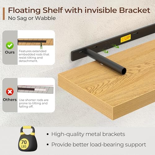 30 Inch Floating Shelves for Wall, Fireplace Mantel Shelf with Invisible Heavy Duty Bracket, 9.3 Inch Deep Storage Shelf for Living Room, Kitchen, Farmhouse, Oak