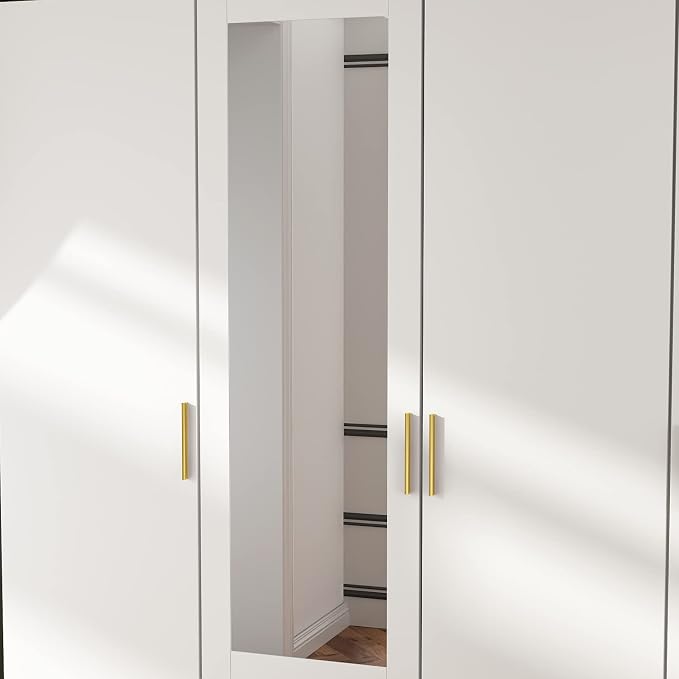 4 Door Wardrobe Armoire Closet with Mirror Door, 63" W Wooden Wardrobe Cabinet with 2 Drawers & Hanging Rod, Bedroom Armoire Dresser Wardrobe Clothes Organizer, A White