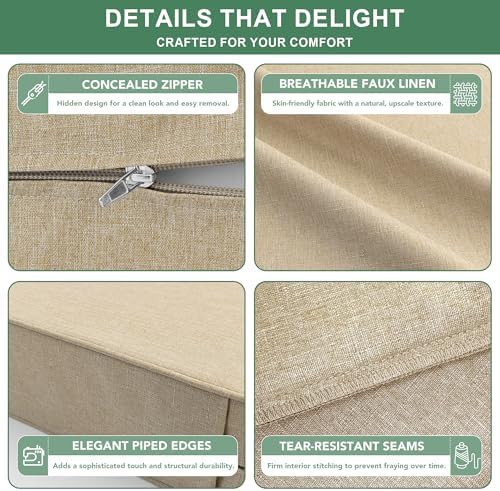 Outdoor Chair Cushions Set of 4, Faux Linen Patio Furniture Cushions, Water Resistant Backrest and Seat Cushion Set with Ties, Removable Cover, Non-Slip Bottom, 19 x 19 Inch, Nature
