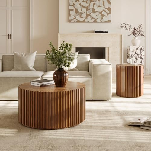POVISON Coffee Table Set of 2, Round Wood Fluted Coffee Table Modern Side Table End Table for Living Room, Light Walnut, Fully Assembled