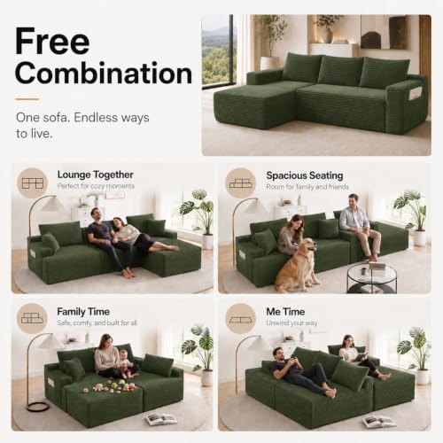 96 inch Boneless Couch, Modular L-Shaped Cloud Sectional Sofa, Green