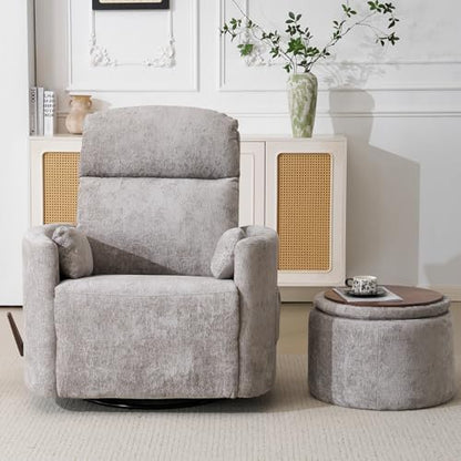 Oversized Swivel Rocker Recliner Chair with Massage and Heat, Manual Swivel Glider Rocker Recliner with 2 Bolster Pillows, Rocking Nursery Chair with Storage Ottoman , Adjustable Headrest, Light Grey