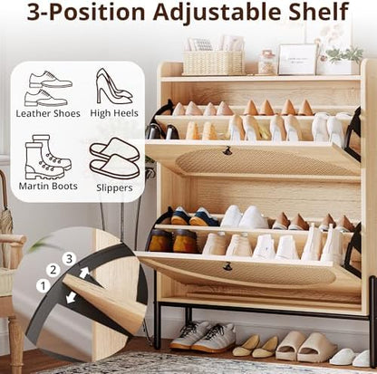 IRONCK Rattan Shoe Cabinet Storage with 2 Flip Drawers, Oak