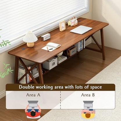 NELYE Extra Long Writing Desk with Bookshelf, 55" Wx20 Dx30 H, Walnut
