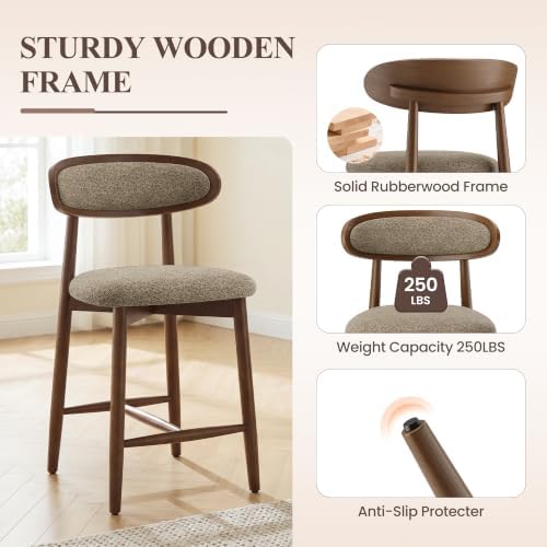 Modern Wooden Barstools Set of 3, Upholstered Counter Height Chairs, Camel
