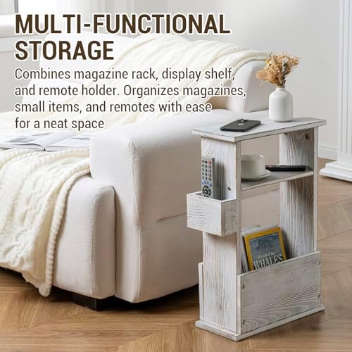 MyGift Wide Side Table, Slim End Sofa Table in Whitewashed Wood with Storage Shelf, Magazine and Remote Holder, Narrow Side Table