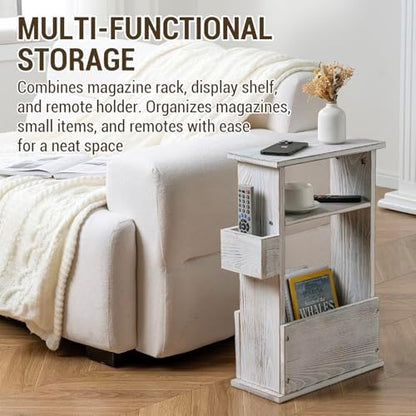 MyGift Wide Side Table, Slim End Sofa Table in Whitewashed Wood with Storage Shelf, Magazine and Remote Holder, Narrow Side Table