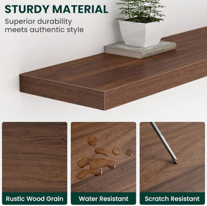 12 Inch Deep Floating Shelves Walnut, 24 Inch Long, 2" Thick Floating Shelves for Wall, Hidden Bracket, Scratch-Resistant Wood Grain for Bedroom Bathroom Kitchen, Coffee Bar, Bookshelf