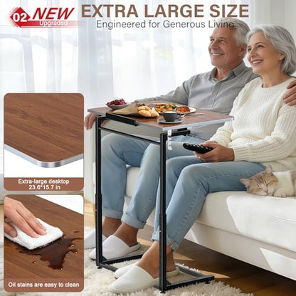 Extra Large TV Tray Table Set of 2, Heavy Duty C-Shaped Laptop Desk with 8-Level Height & 90° Tilt, Folding Overbed End Table for Couch and Bed, Walnut Finish with Phone/Tablet Slot for Small Spaces