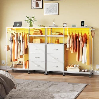 WLIVE LED Dresser for Bedroom, 3 Drawers with Hanging Rack, White
