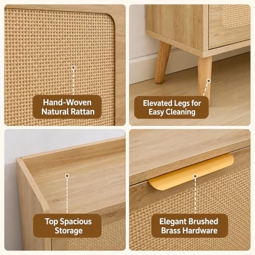 Shoe Cabinet, Rattan Shoe Storage Cabinet for Entryway with Flip Drawers