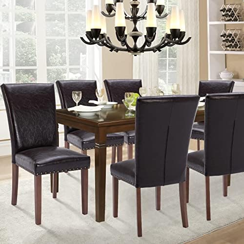 Parsons Dining Chairs Set of 6, Upholstered Nailhead PU Leather Dining Room Kitchen Side Chair with Thick Cushions and Wood Legs, Dark Brown