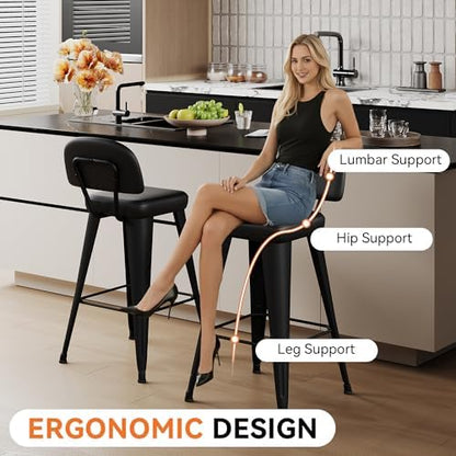 Aklaus PU Leather Metal Bar Stools 26 inch Faux Leather Counter Height Barstools Set of 4 Modern Farmhouse Bar Chairs with High Back and Faux Leather Seat for Kitchen Island Dining Room Matte Black