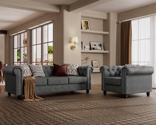 Morden Fort 2 Piece Classic Chesterfield 4-Seater Set, Tufted Chair & Sofa Furniture Solid Wood Legs Thick Cushion, Pet-Friendly Couch Set for Living Room Bedroom Apartment, Linen Grey