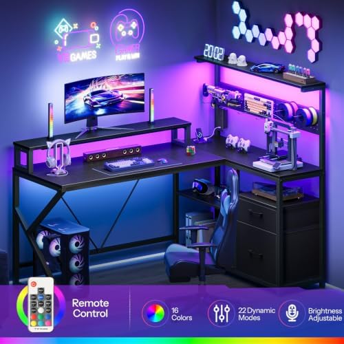 HOOBRO Computer Desk, L Shaped Desk with LED Lights and Power Outlet