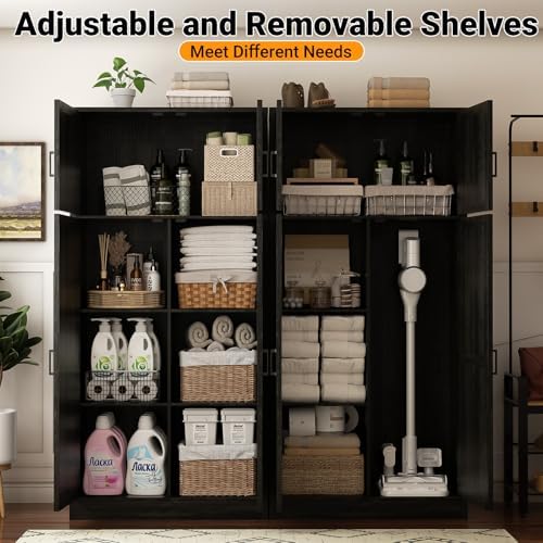 Unikito 71” Tall Storage Cabinet, Farmhouse Kitchen Pantry Storage Cabinet with Adjustable Shelves and Barn Doors, Versatile Storage Cupboard for Dinning Room, Bathroom, Living Room, Black Oak, 2 Pack