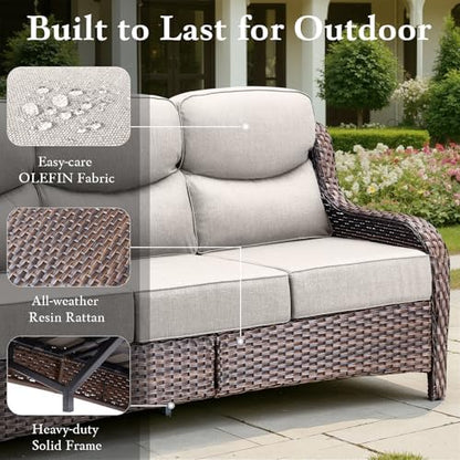Wicker Patio Sofa with 6" Thick Cushions, All-Weather Outdoor Rattan Couch with High Backrest and Deep Seat, Outdoor Patio Sofas for Porch, Yard, Garden, Brown/Beige